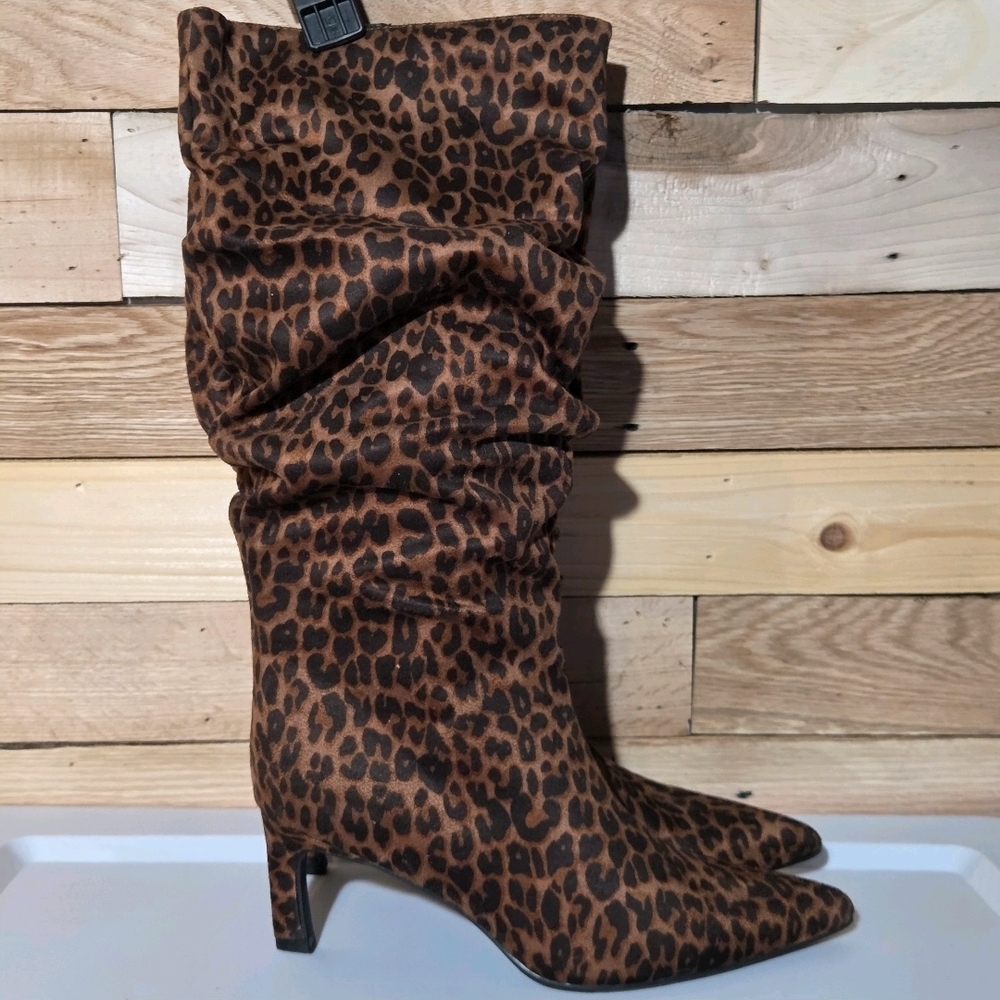 NWT Leopard Animal Print Slouch Mid Calf Boots Kitten Heel Pointed Toe
